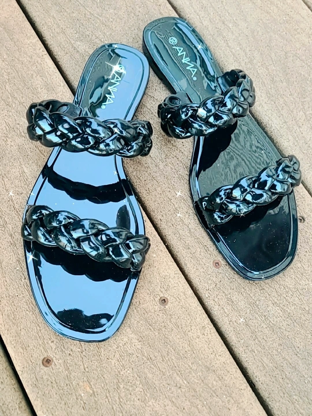 Braided Strap Patent Slide Sandal - Black